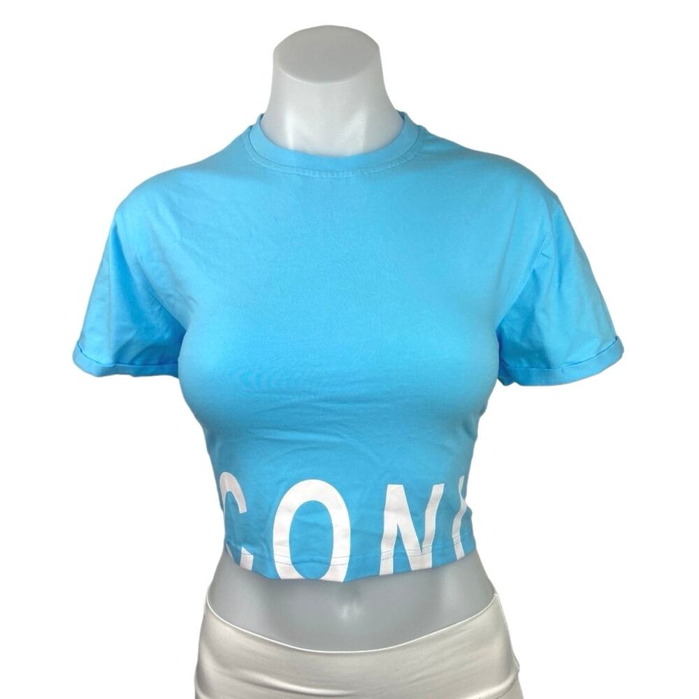 Iconic Blue Cotton Crew Neck Short Sleeve Spell Out Logo Cropped Top Tee Size M